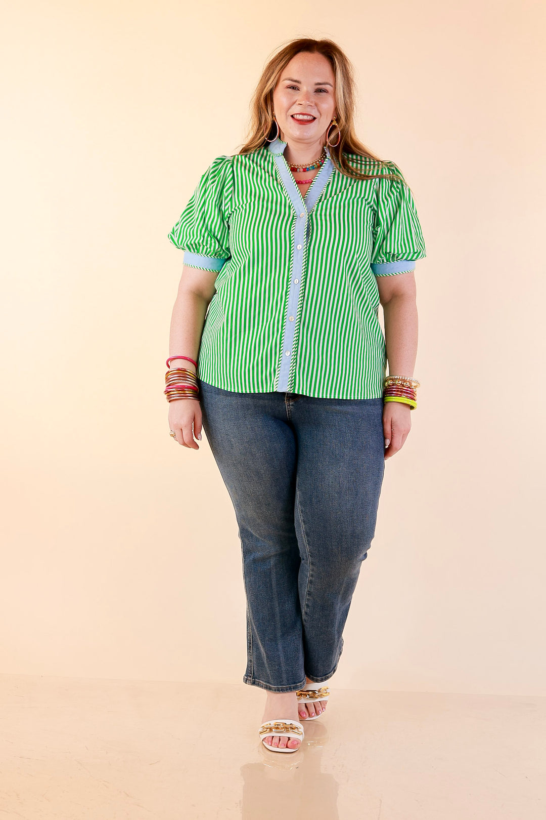 Pop of Polish Short Puff Sleeve Button Front Top with Contrast Trim in Kelly Green, White and Sky Blue