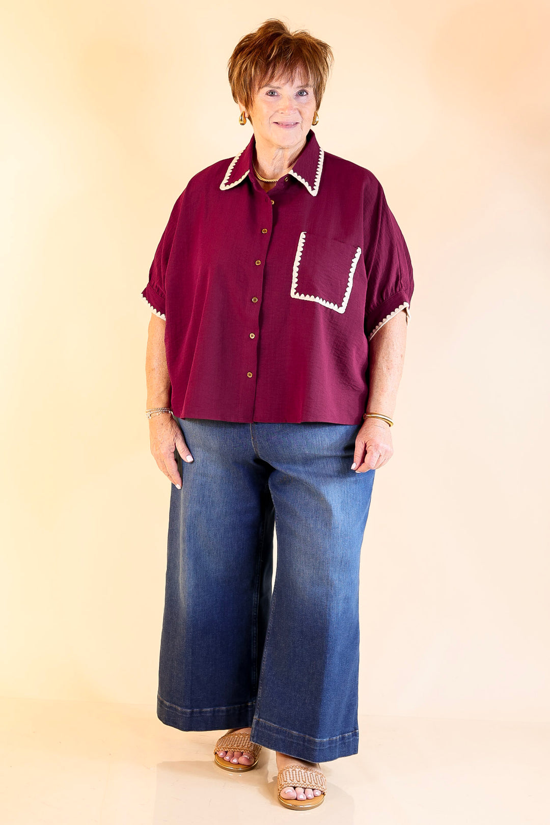In Good Company Button Up Top with Scalloped Trim Stitching in Maroon