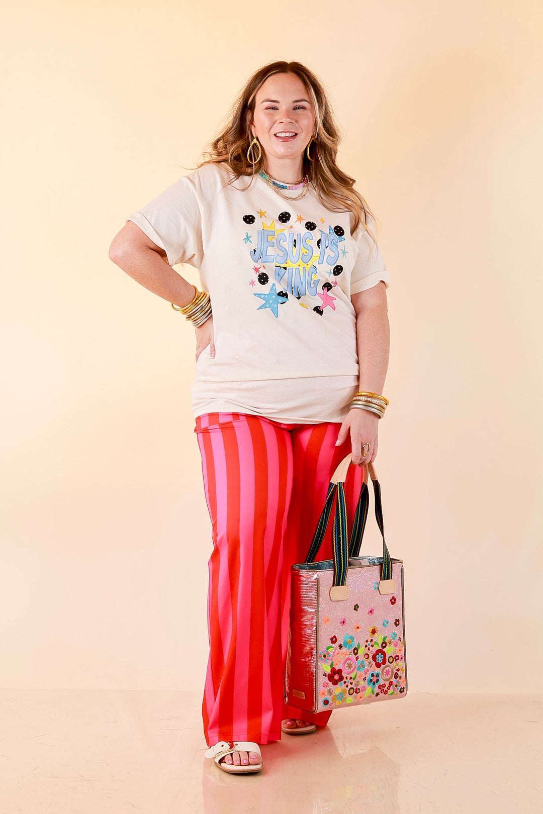 King of My Heart "Jesus is King" Polka Dot and Star Print Short Sleeve Graphic Tee in Natural
