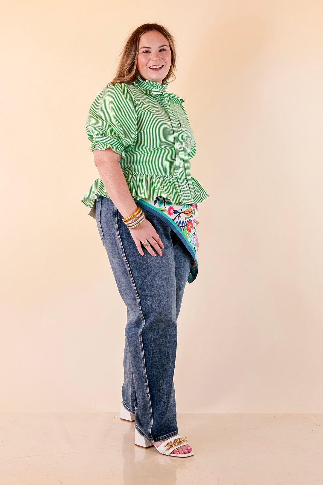 Tea Time Charm Tie Neck Puff Sleeve Peplum Button Front Stripe Blouse in Kelly Green