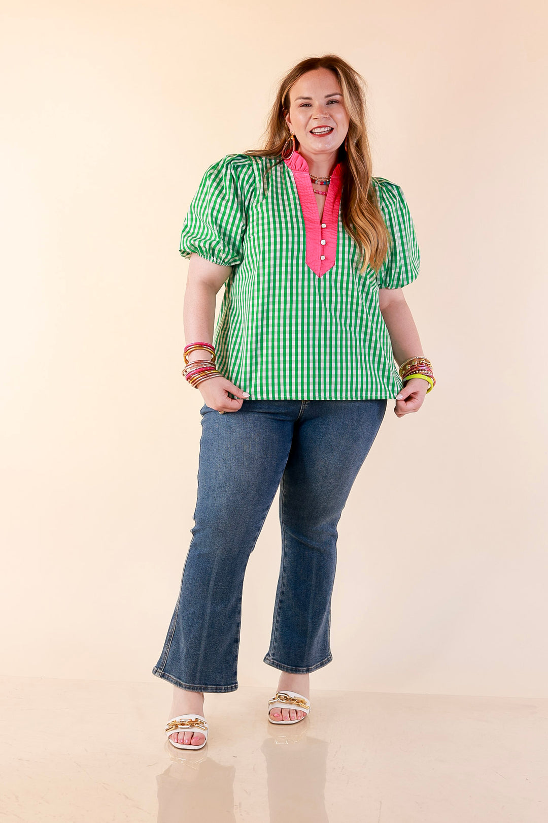 Polished &amp; Playful Short Puff Sleeve Gingham Top with Contrast Hot Pink Trim in Green and White