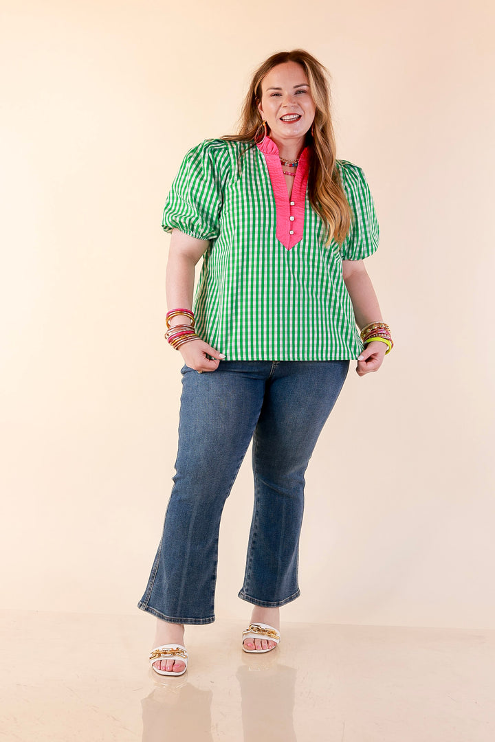 Polished &amp; Playful Short Puff Sleeve Gingham Top with Contrast Hot Pink Trim in Green and White