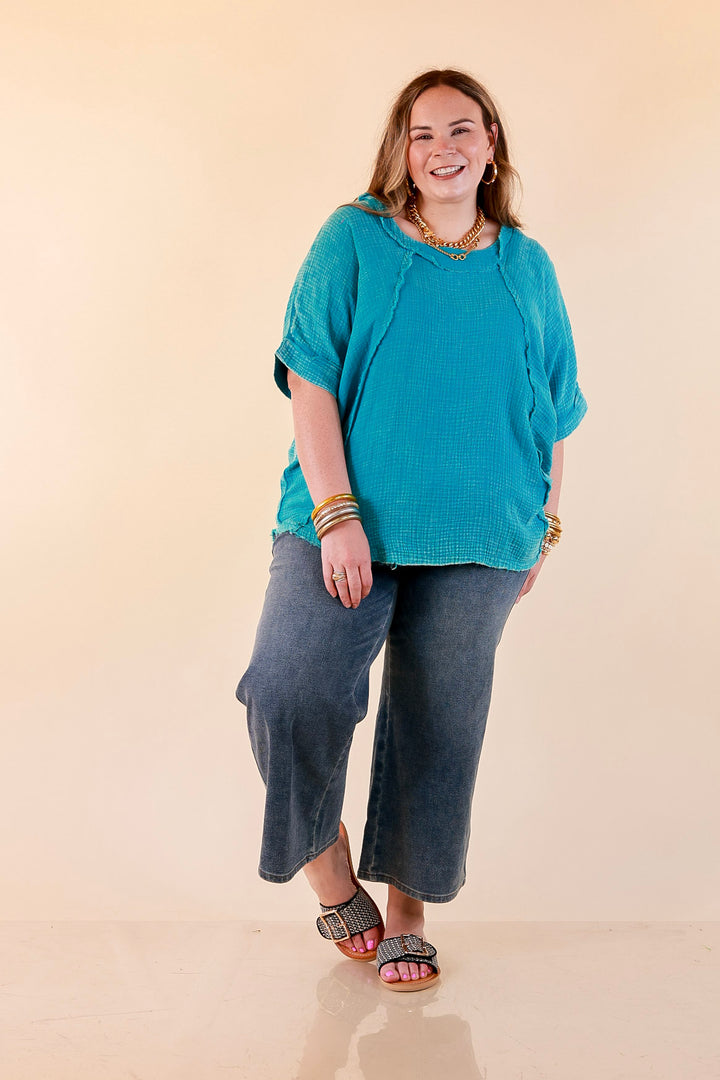 Everyday Ease Short Sleeve Linen Top with Raw Hem Edges in Turquoise Blue