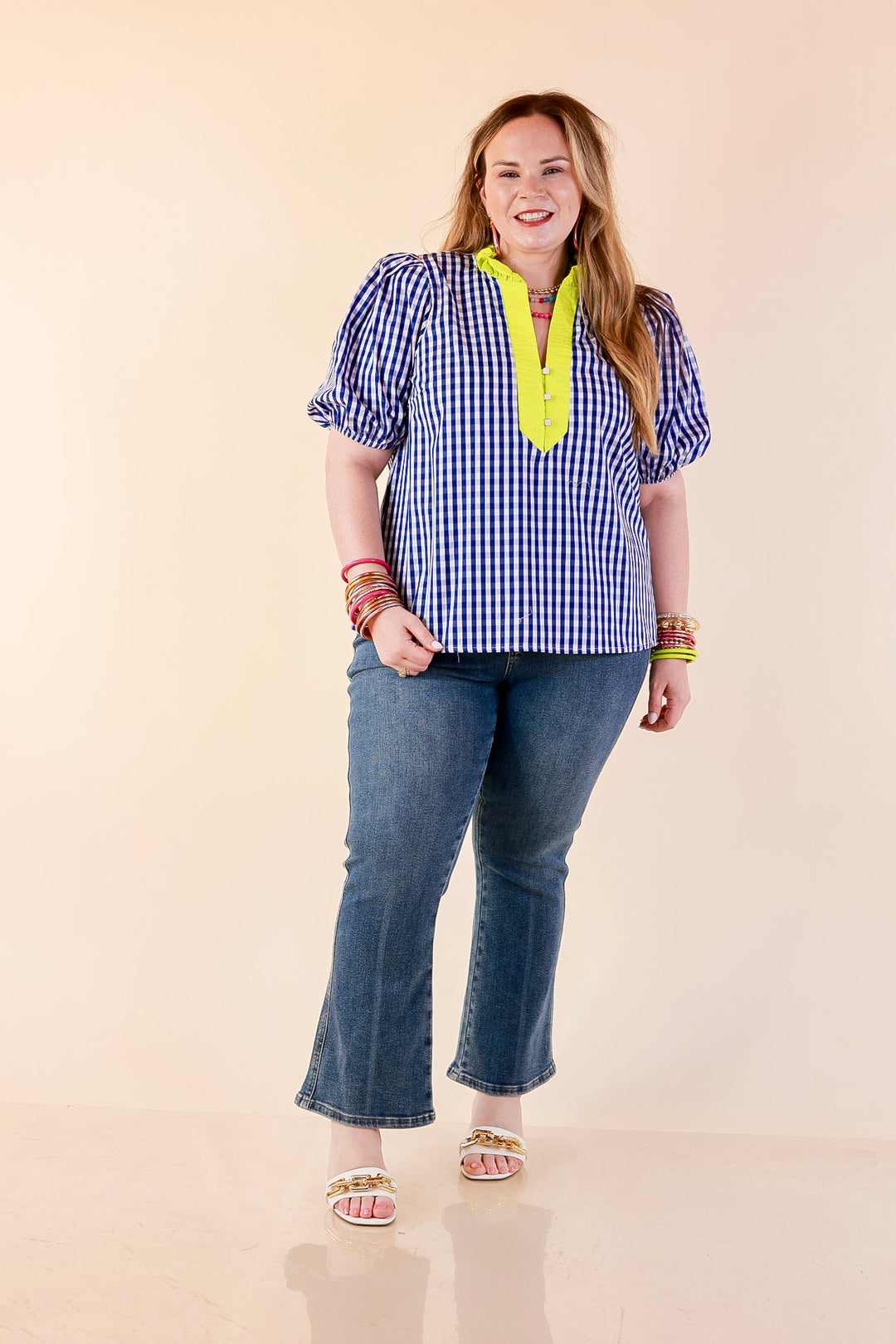 Polished &amp; Playful Short Puff Sleeve Gingham Top with Contrast Lime Green Trim in Royal Blue and White