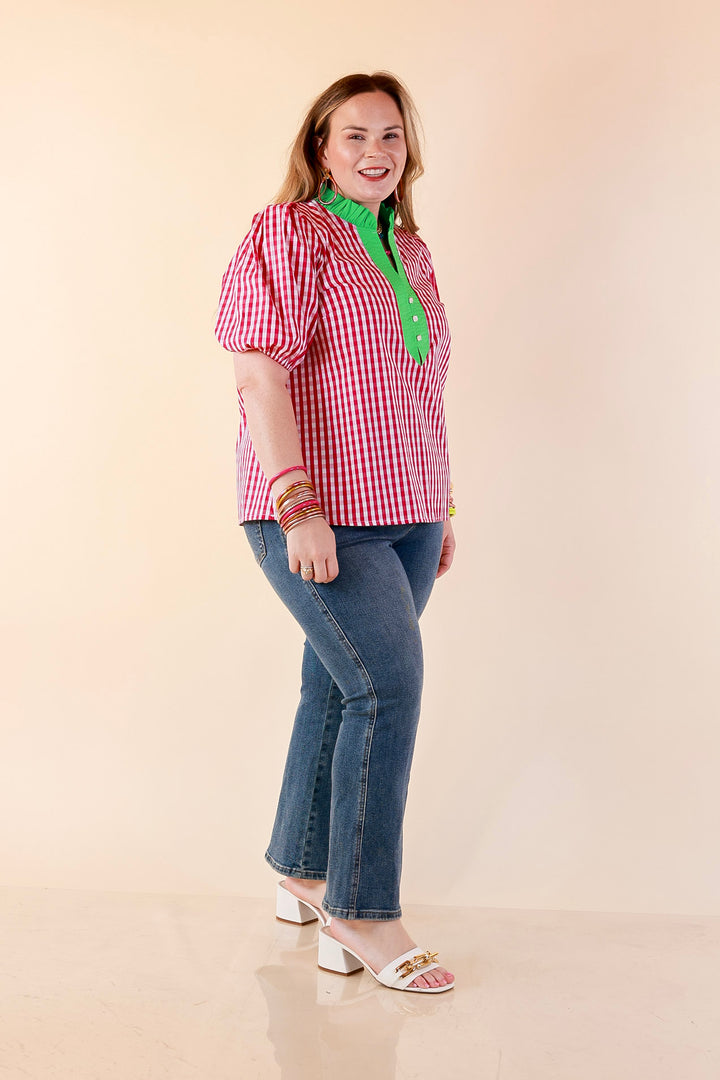 Polished &amp; Playful Short Puff Sleeve Gingham Top with Contrast Green Trim in Hot Pink and White