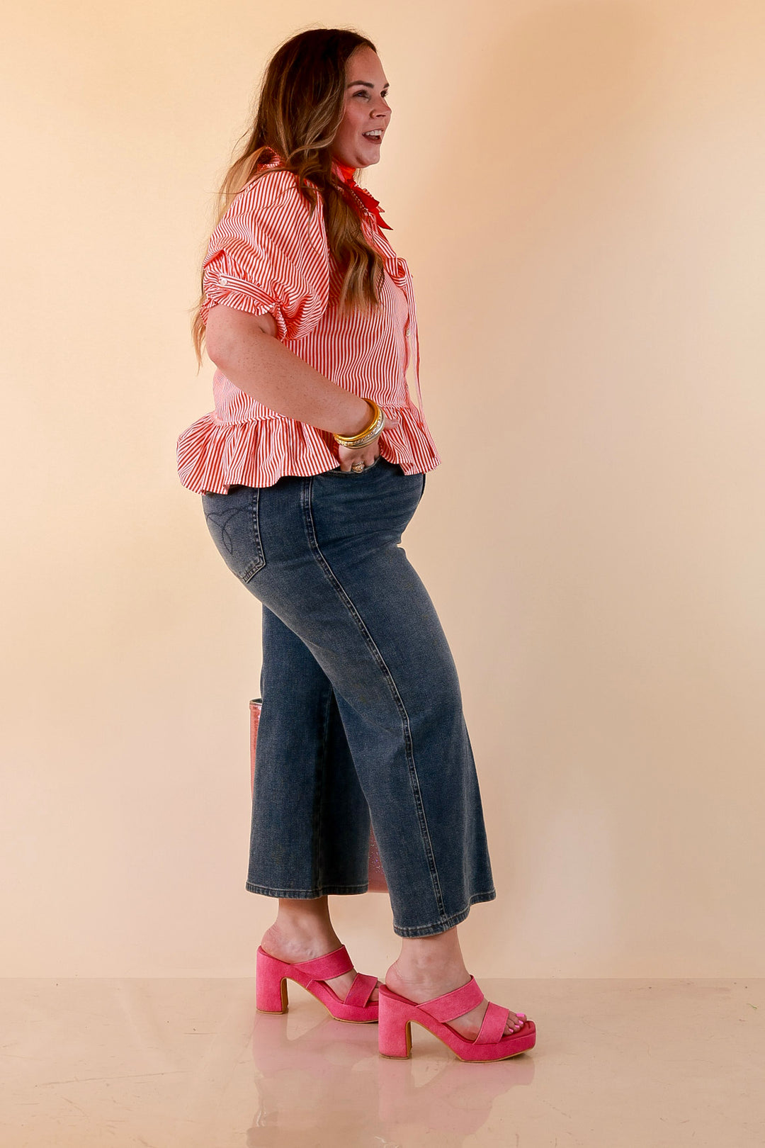 Tea Time Charm Tie Neck Puff Sleeve Peplum Button Front Stripe Blouse in Orange