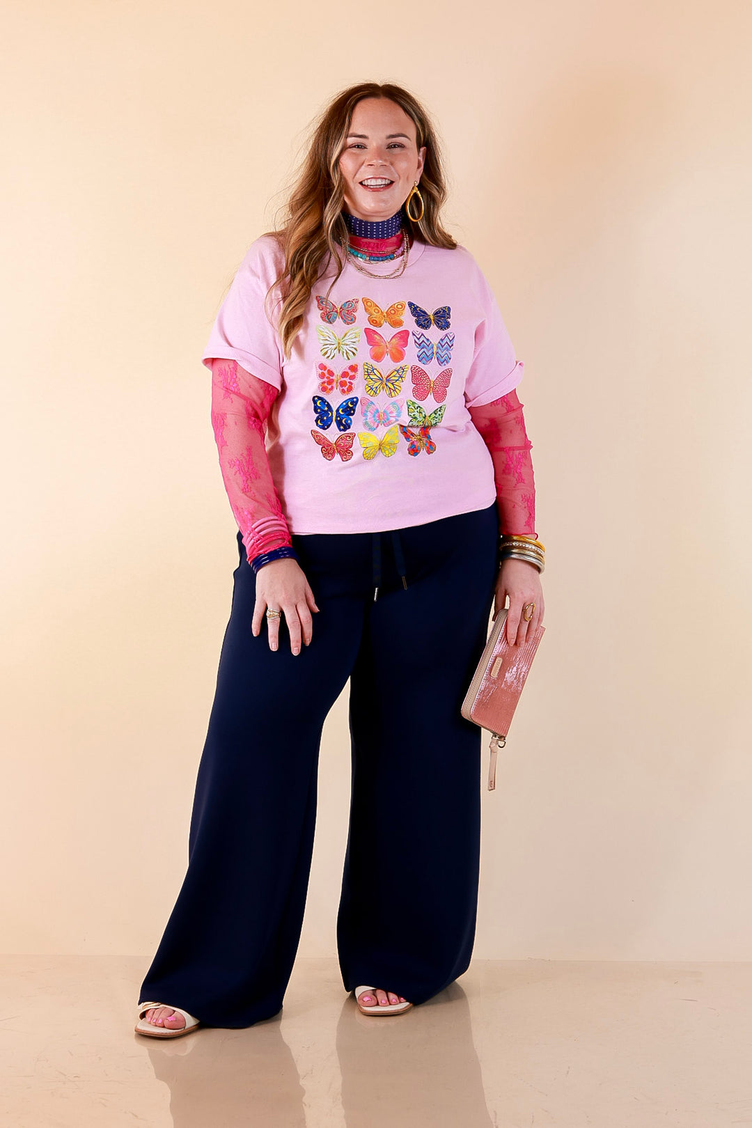 Butterfly Season Multi Print Butterflies Short Sleeve Graphic Tee in Light Pink