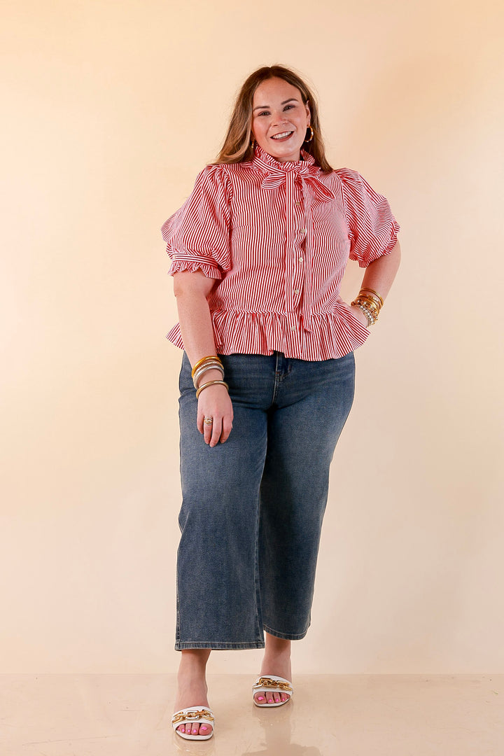Tea Time Charm Tie Neck Puff Sleeve Peplum Button Front Stripe Blouse in Red