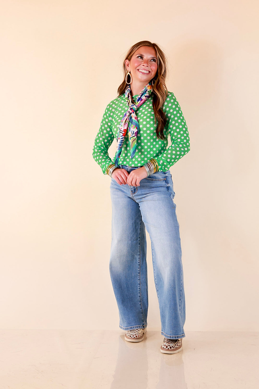 The Essential Layer Polka Dot Print Sheer Mesh Long Sleeve Top in Kelly Green