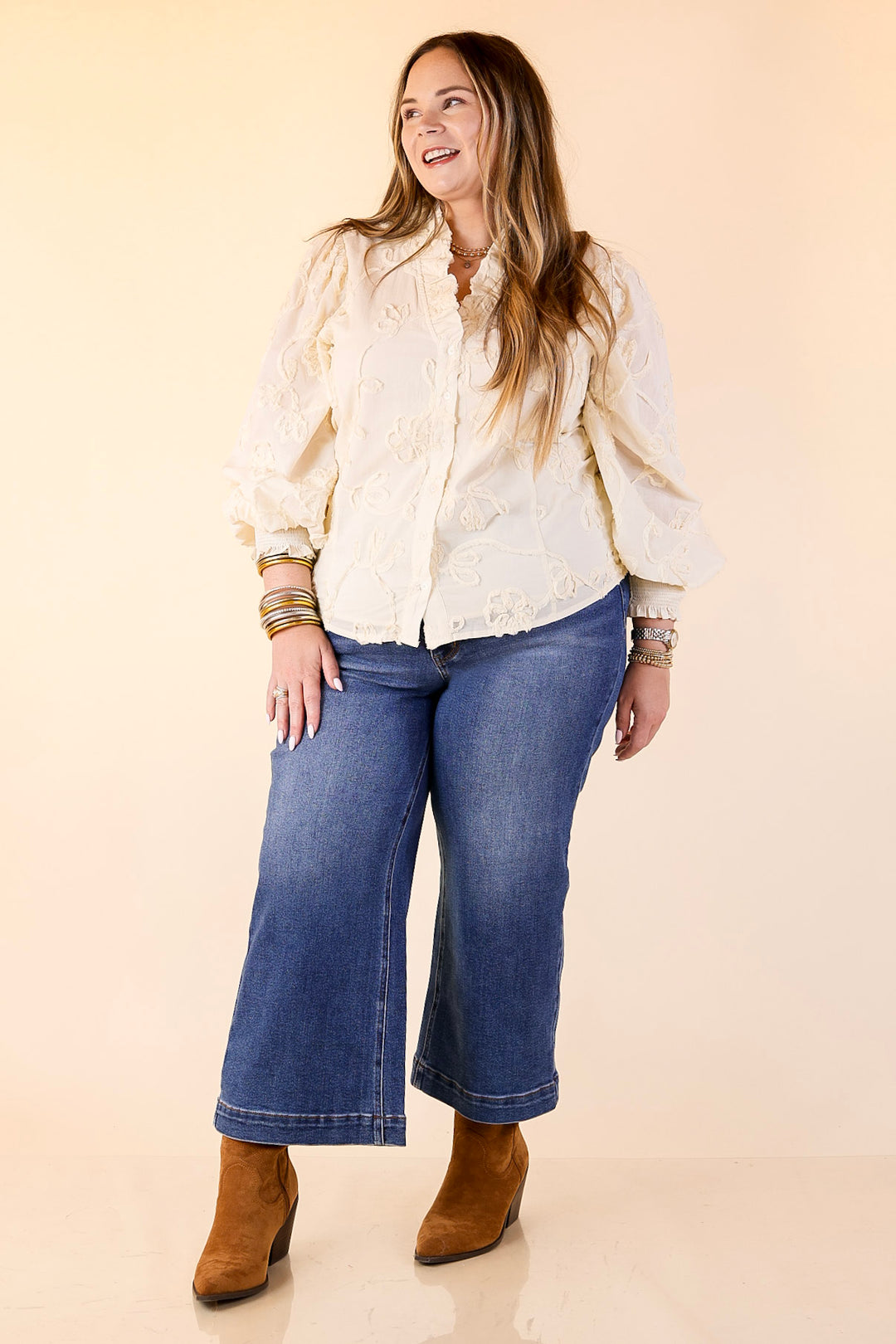 Timeless Romance Ruffled V Neck Floral Applique Embroidered Top in Cream