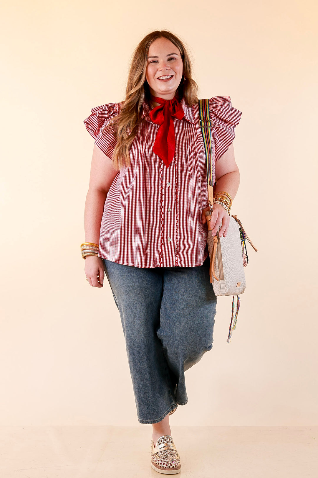 Front Porch Favorite Ruffle Sleeve Button Front Gingham Blouse with Scallop Trim in Dark Crimson Red
