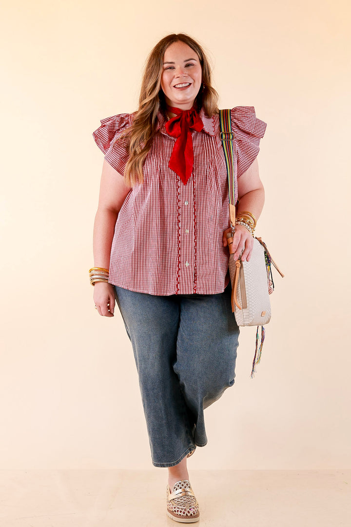 Front Porch Favorite Ruffle Sleeve Button Front Gingham Blouse with Scallop Trim in Dark Crimson Red