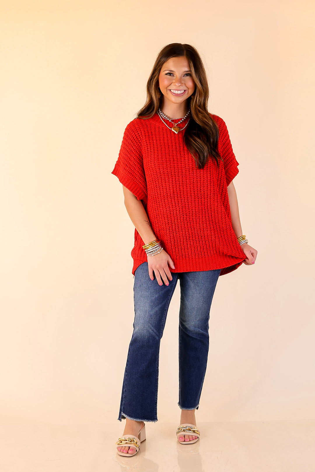 Tried and True Short Sleeve Oversized Knit Sweater in Red