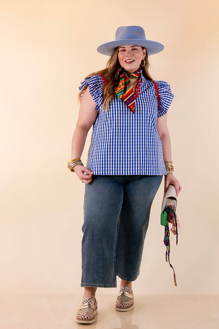 Sweet Tea Social Ruffle Sleeve Gingham Top with Ric Rac Trim in Royal Blue