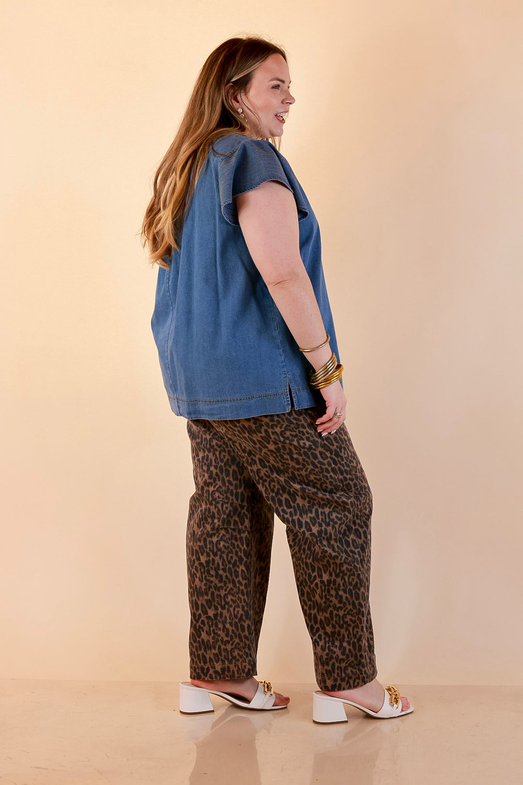 Clean and Collected V Neck Denim Top with Stitch Detail and Drop Shoulder Cap Sleeve in Medium Wash