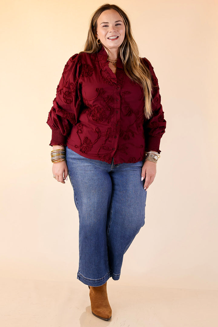 Timeless Romance Ruffled V Neck Floral Applique Embroidered Top in Maroon