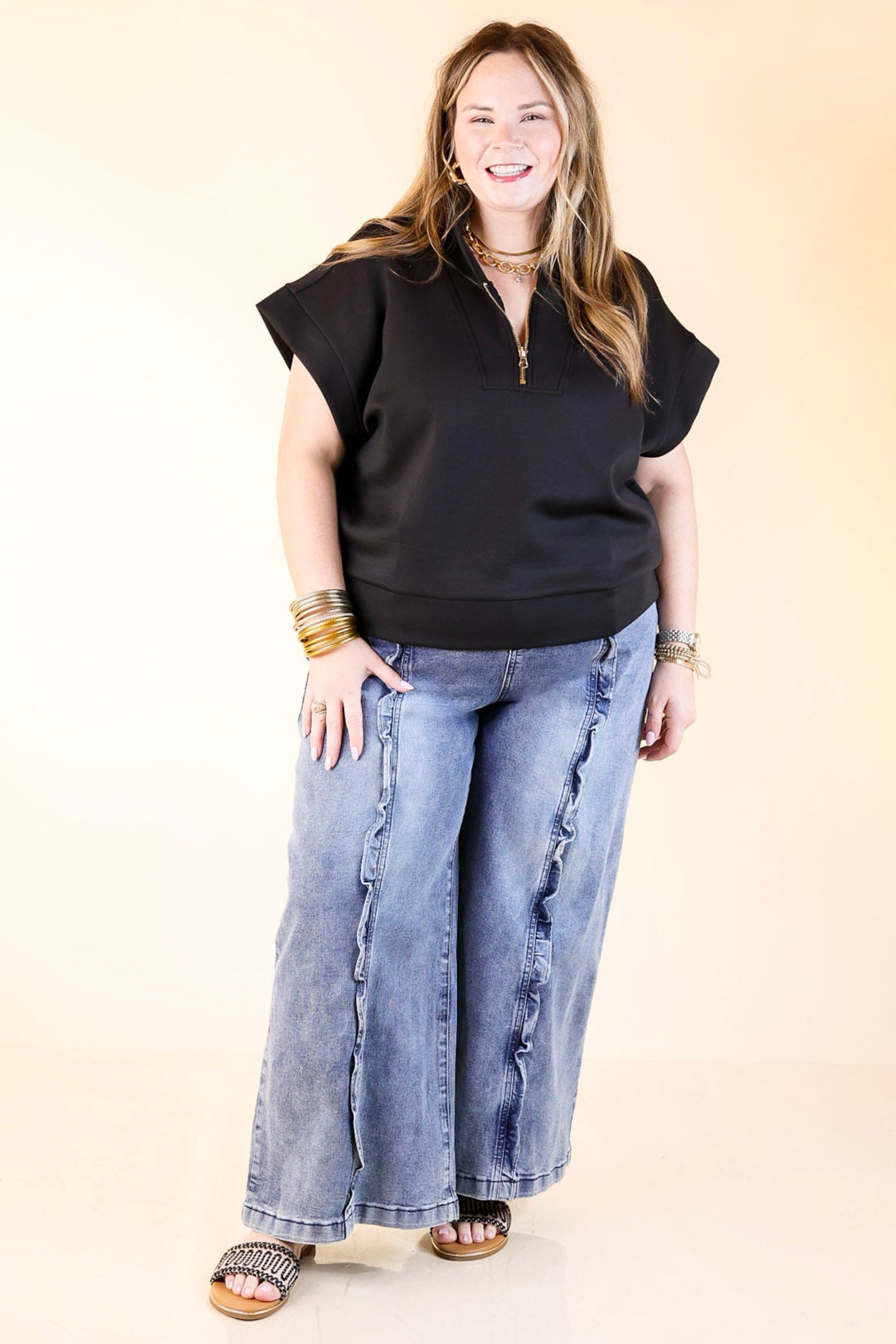 Ripple & Roll Denim Wide Leg Jean with Ruffled Front Seam in Acid Wash