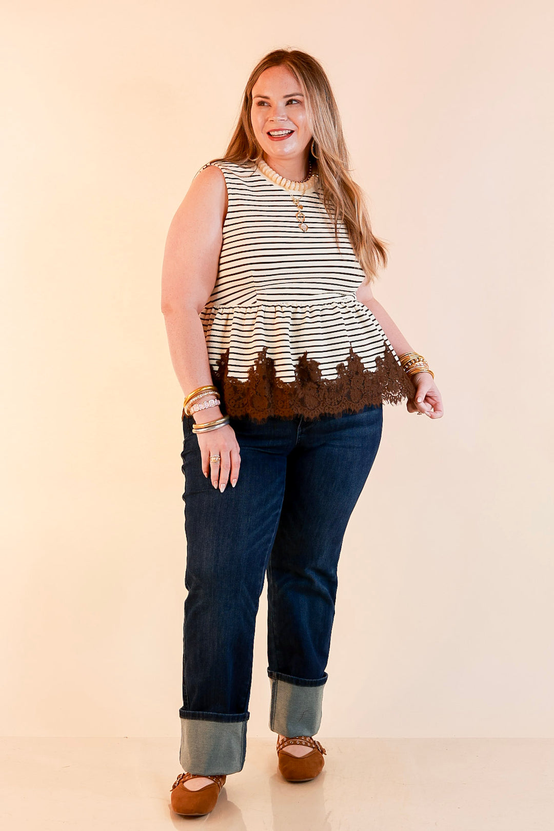 Sweet on Style Striped Peplum Sleeveless Tank Top with Lace Trim Detailing in Ivory and Chocolate Brown