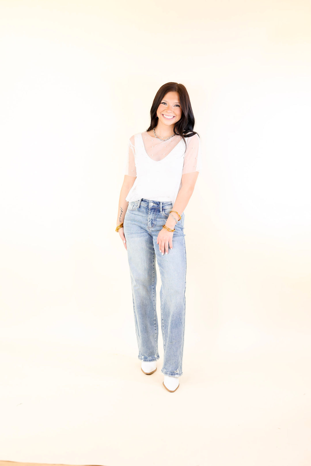 Shimmer in Style Mesh Short Sleeve Top with Pearls and Rhinestones in Off White