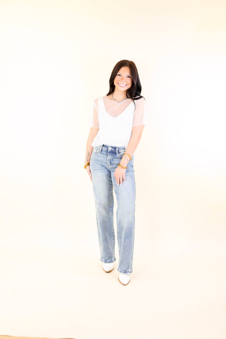 Shimmer in Style Mesh Short Sleeve Top with Pearls and Rhinestones in Off White