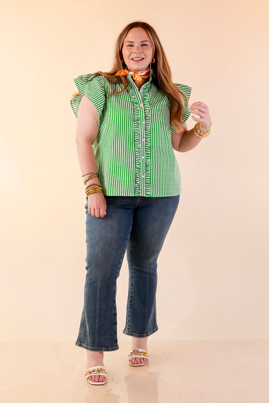 Polished Intentions Ruffle Short Sleeve Button Front Stripe Top in Green and White
