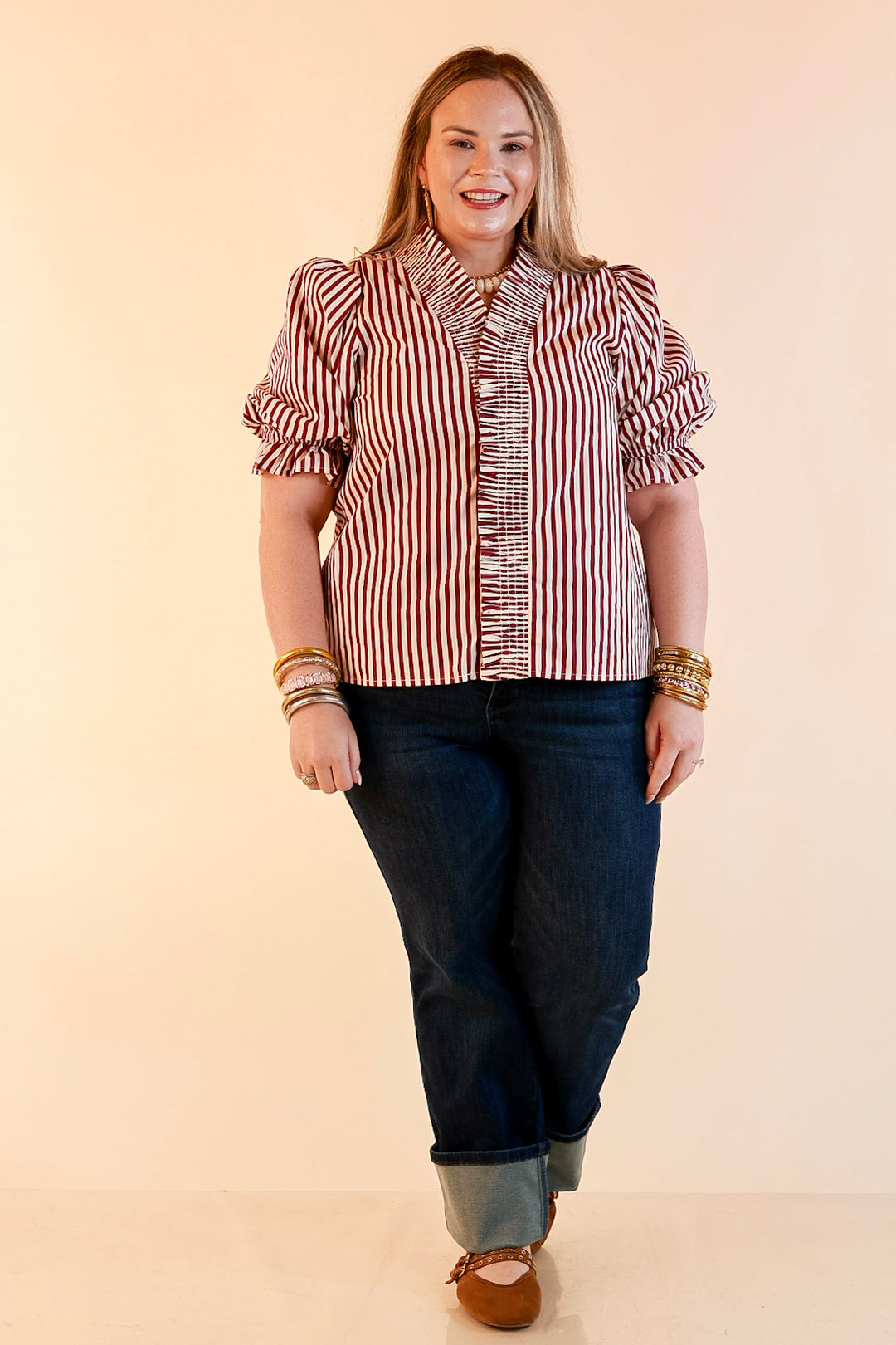 Made You Look Striped Ruffle Front and Sleeve Detailing with Puff Sleeves Blouse in Maroon and Ivory