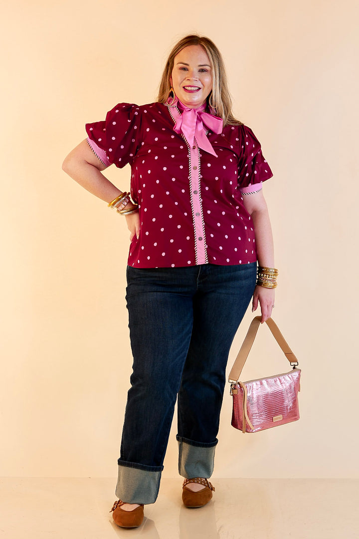 Pop of Polish Short Puff Sleeve Button Front Polka Dot Print Top with Contrast Trim in Maroon and Pink