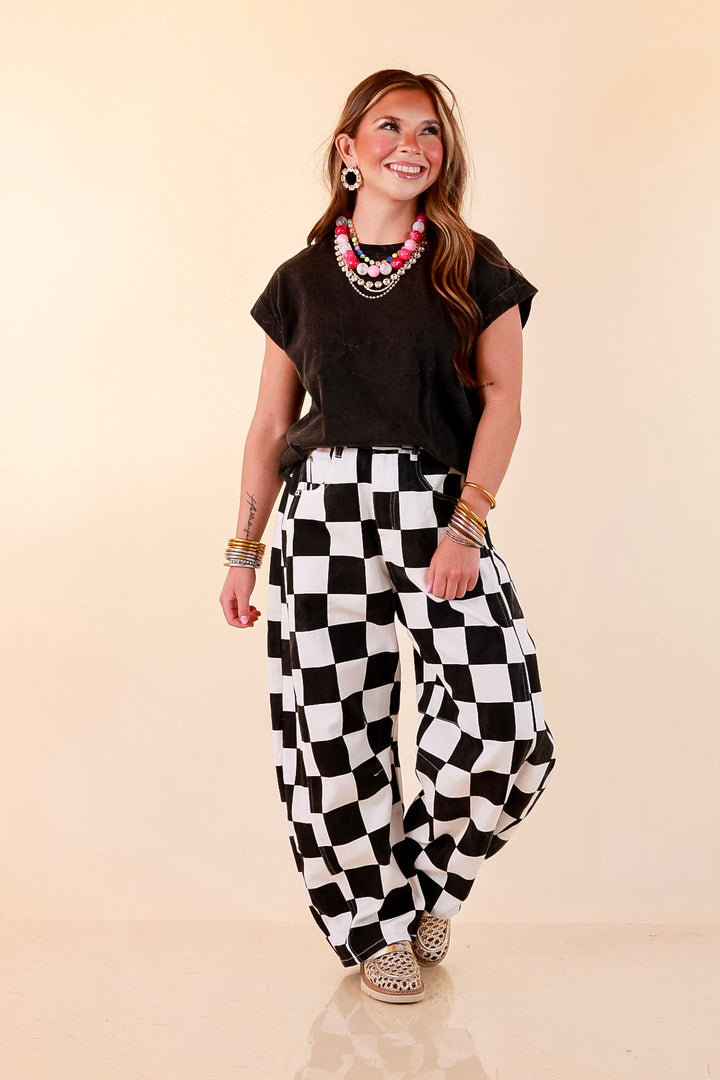 Check Me Out Wide Leg Checkered Print Barrel Denim Jean in Black