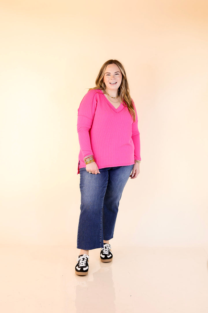 Daily Perfection V-Neck Long Sleeve Ribbed Top in Hot Pink
