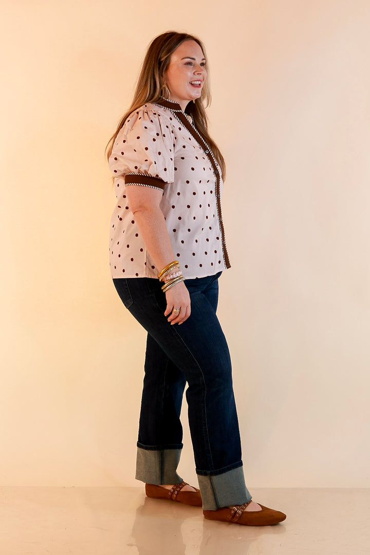 Pop of Polish Short Puff Sleeve Button Front Polka Dot Print Top with Contrast Trim in Ivory and Chocolate Brown
