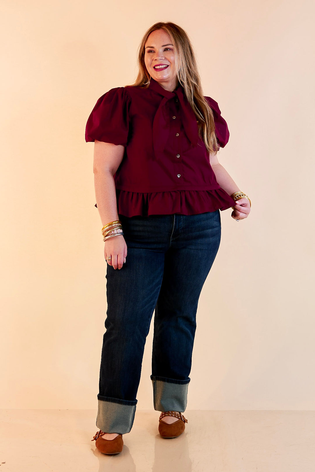 Present Company Solid Button Down Peplum Bubble Sleeve Tie Collar Top in Maroon