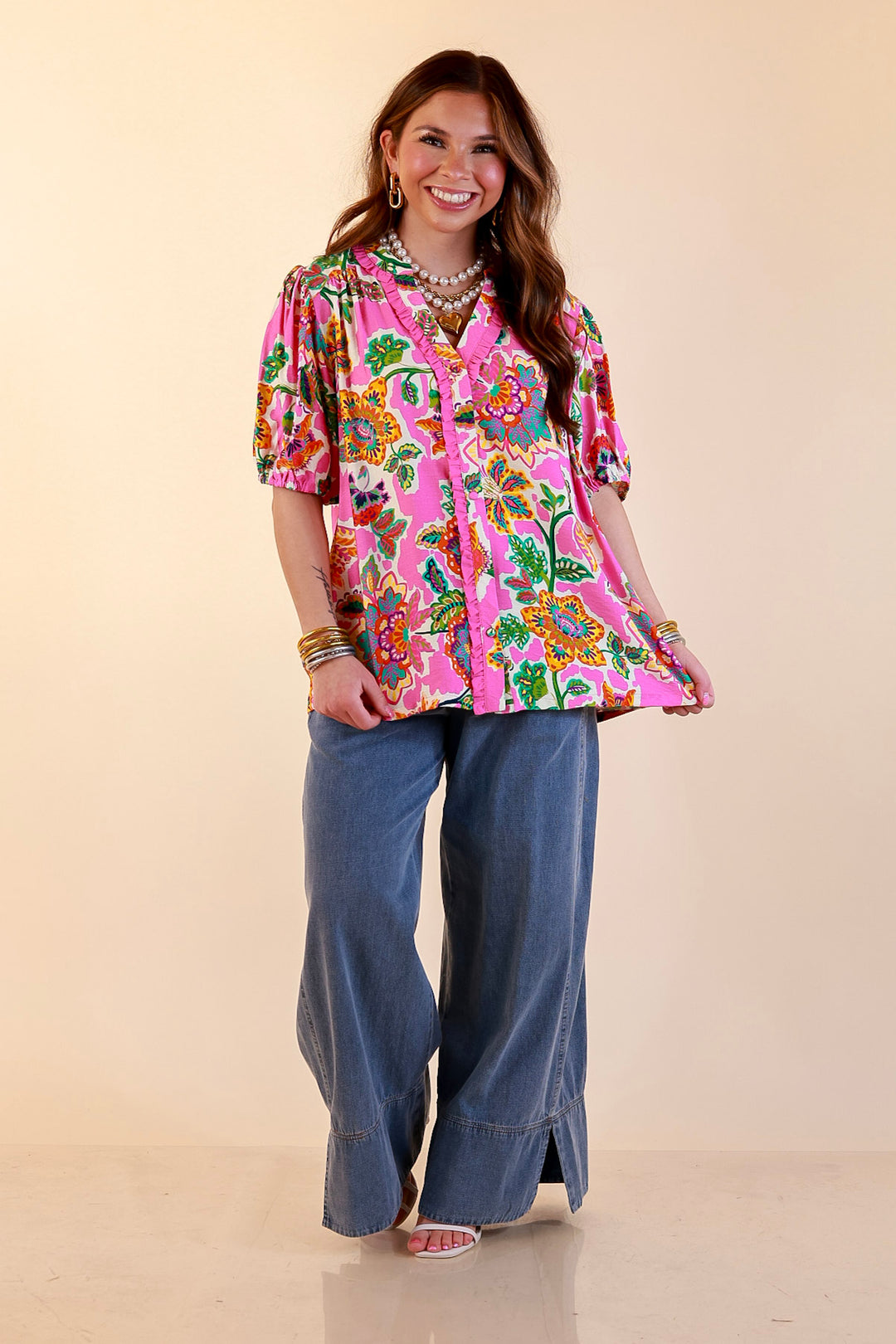 Petal Pop Floral Print Ruffle Front Button Up Top with Puff Sleeves in Pink