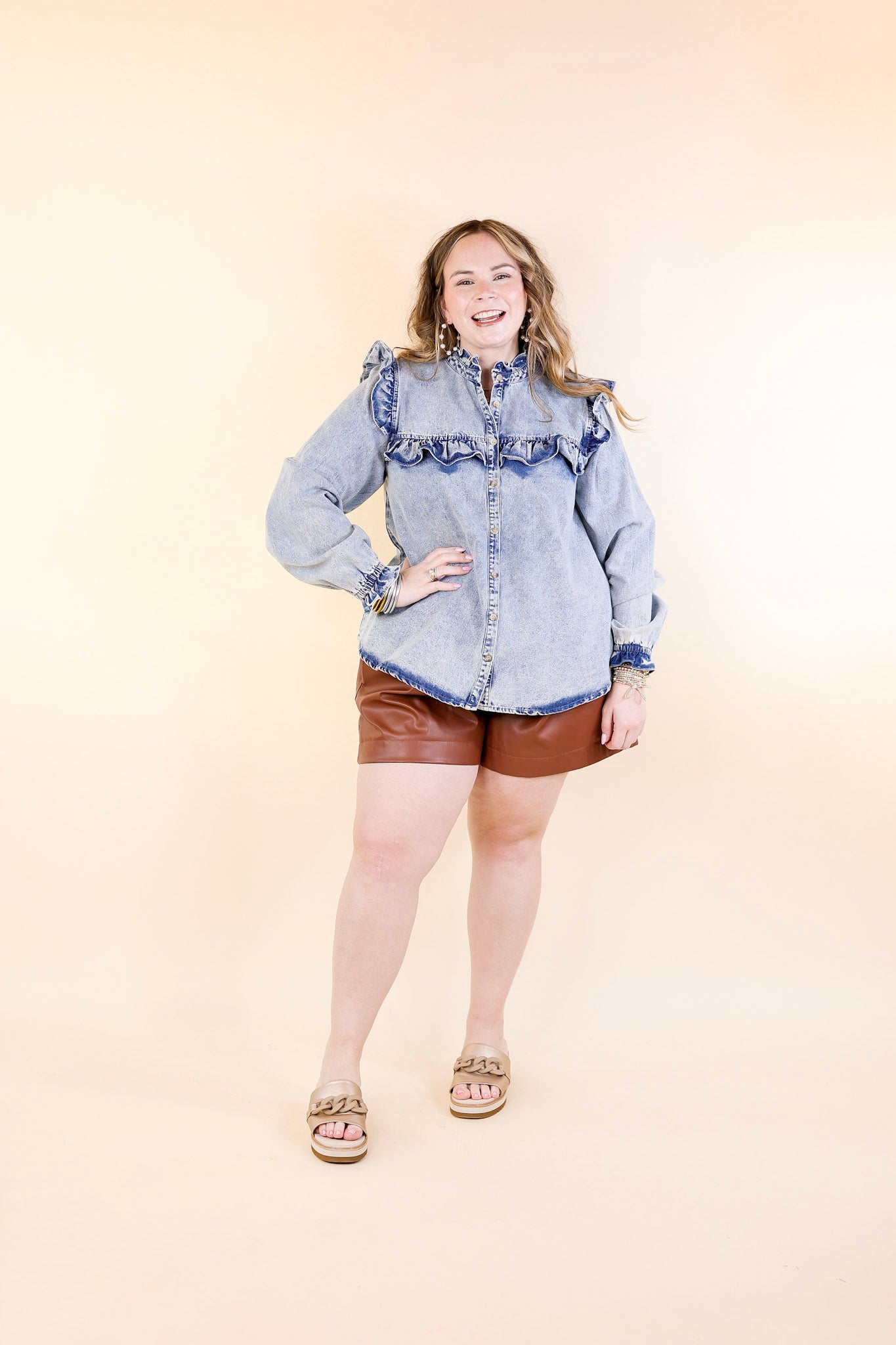 Full of Affection Ruffle Detail Button Up Long Sleeve Denim Top in Light Wash