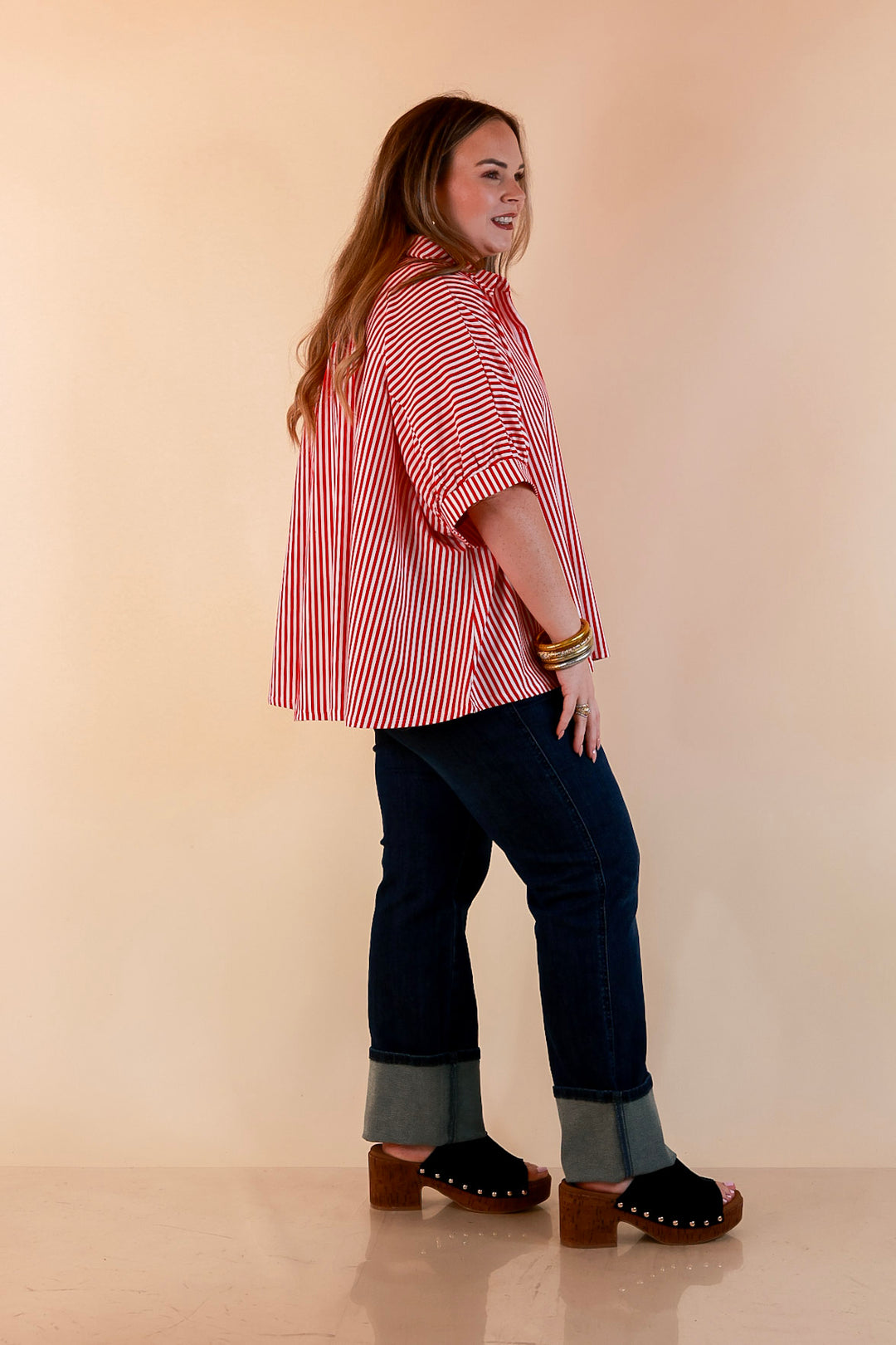 Perfectly Aligned Button Down Collared Top with Vertical Ivory Stripe Detail in Red