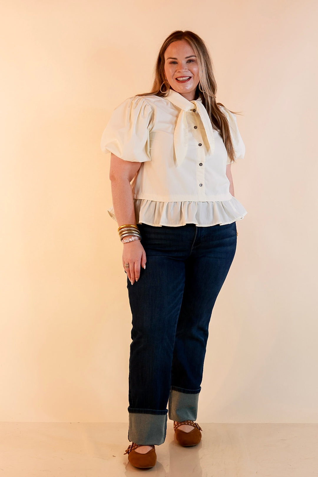 Present Company Solid Button Down Peplum Bubble Sleeve Tie Collar Top in Ivory