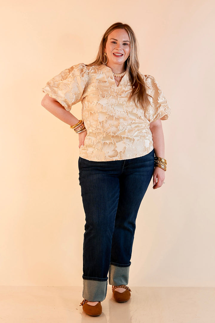 Pretty in Practice Textured Floral Print Puff Sleeve Blouse in Champagne Ivory