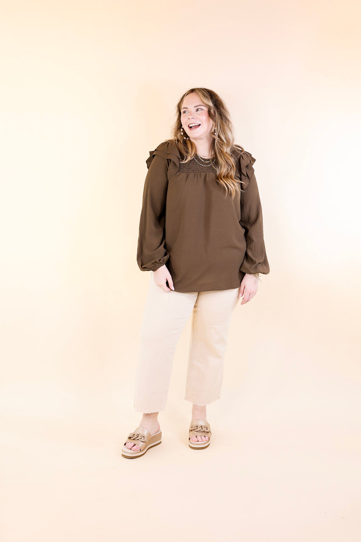 Balcony Nights Ruffle Shoulder Long Sleeve Blouse in Olive Brown