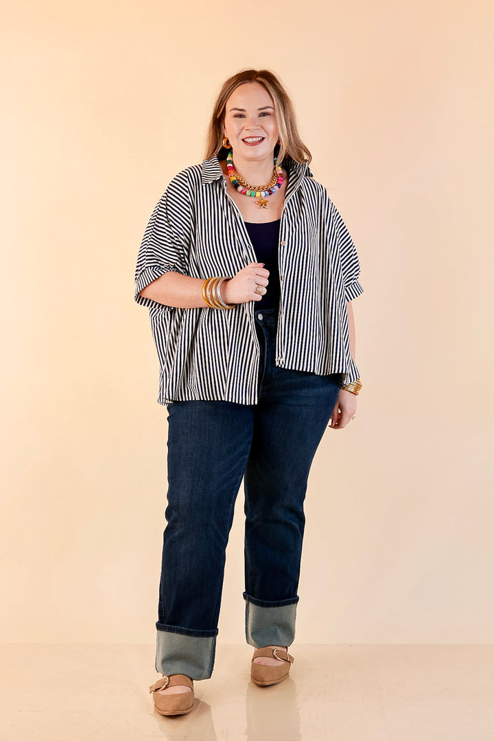 Perfectly Aligned Button Down Collared Top with Vertical Ivory Stripe Detail in Navy Blue