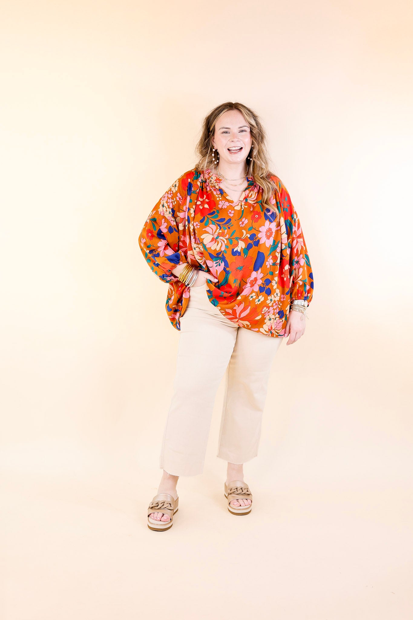 Falling For Floral 3/4 Sleeve Top with Notched Neck in Camel Brown