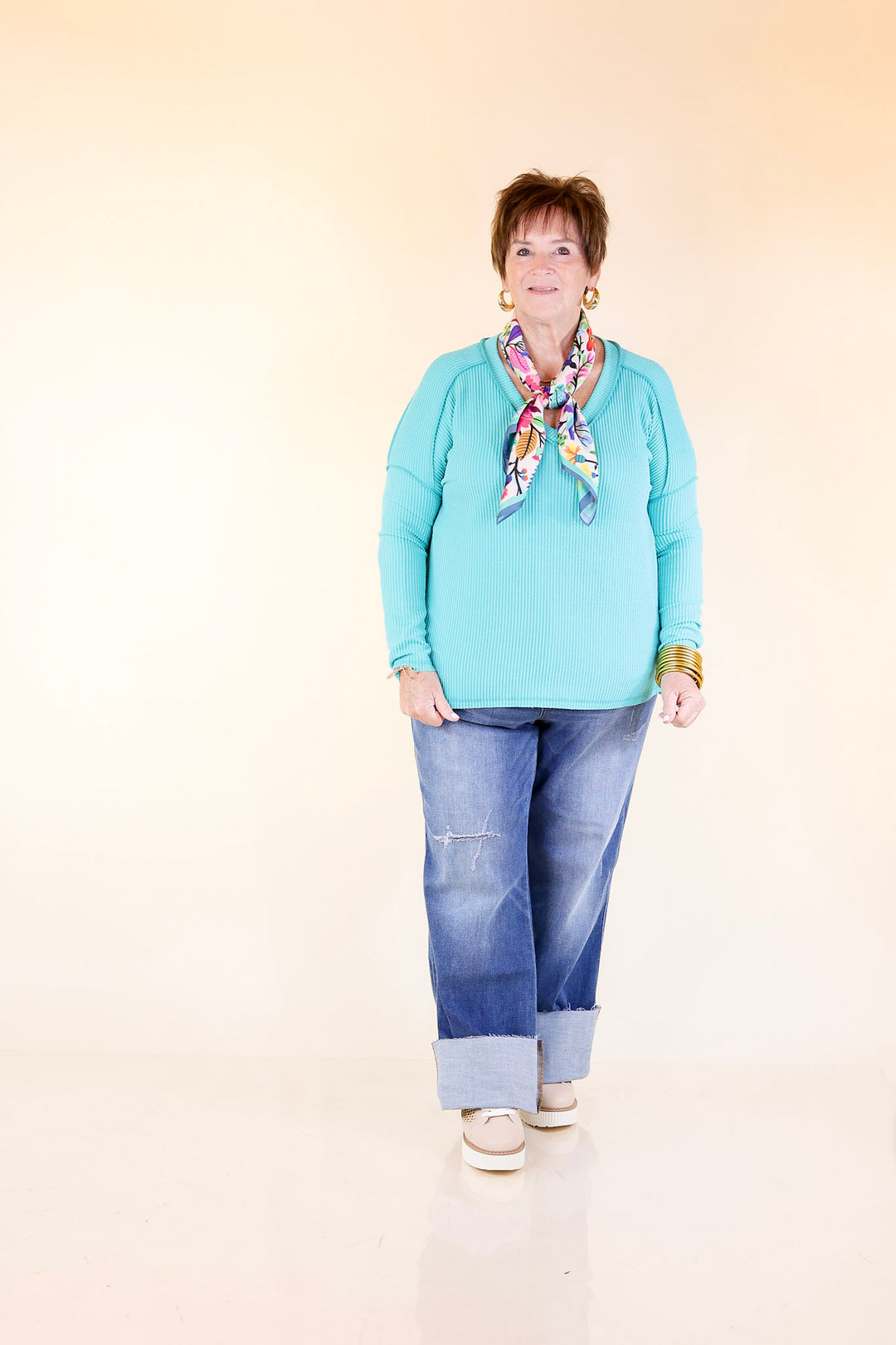 Daily Perfection V-Neck Long Sleeve Ribbed Top in Turquoise Blue