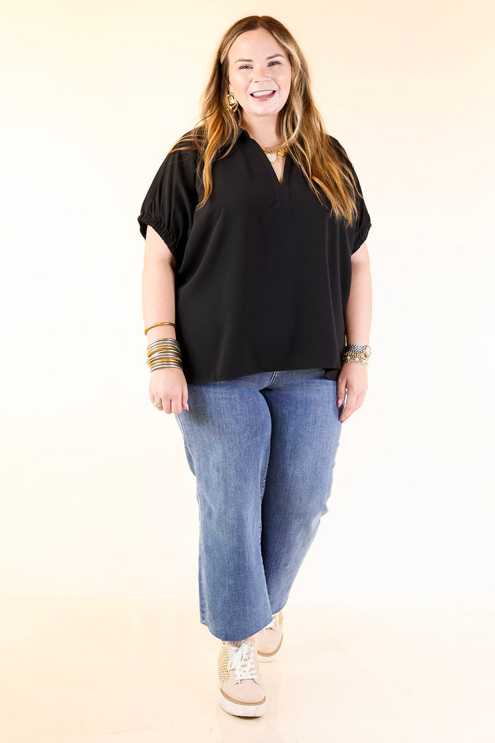 Fresh Start Collared V-Neck Blouse With Drop Shoulder in Black