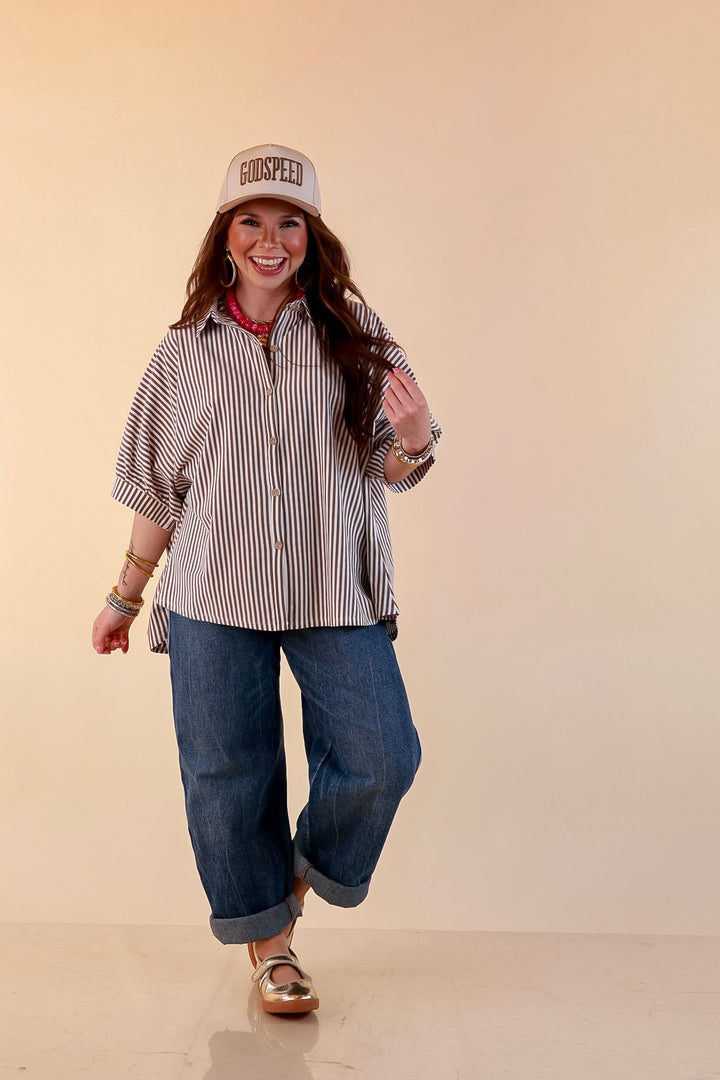 Perfectly Aligned Button Down Collared Top with Vertical Ivory Stripe Detail in Taupe Brown