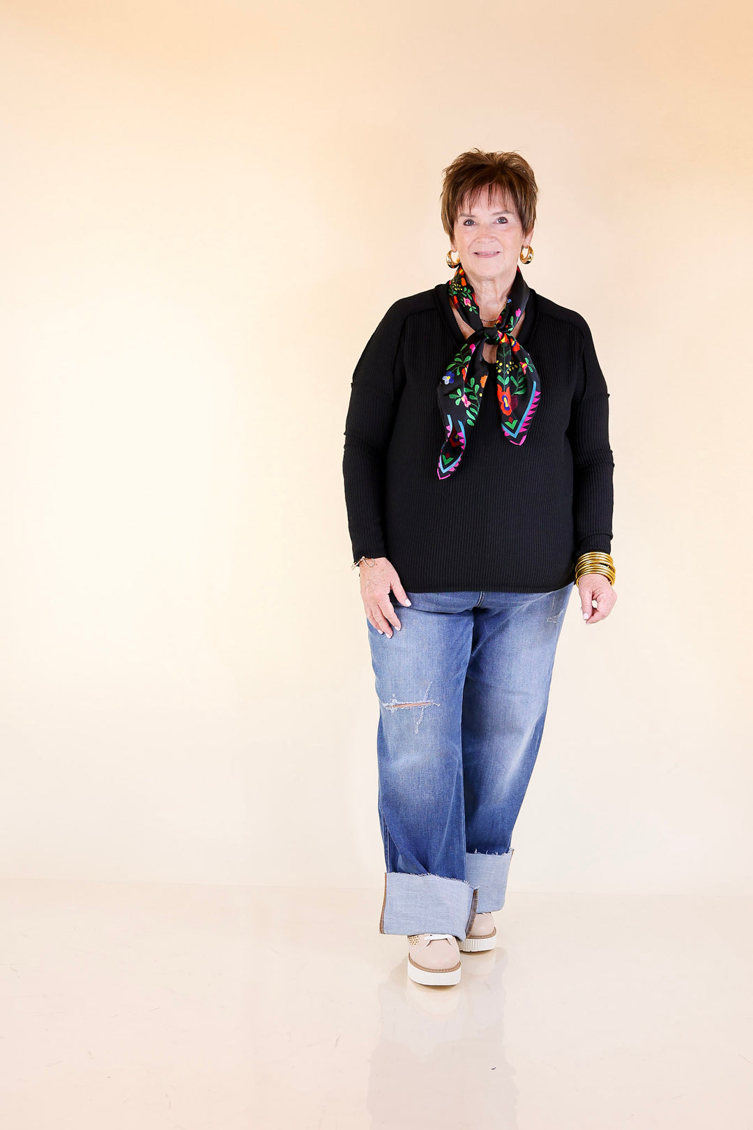 Daily Perfection V-Neck Long Sleeve Ribbed Top in Black