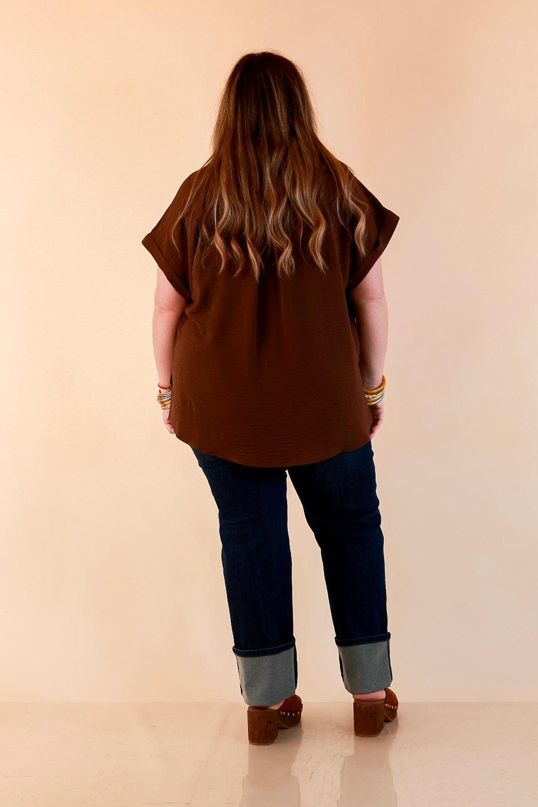 Timeless Appeal Woven Airflow Button Front Top with Rolled Cuff Short Sleeves and Front Pocket in Chocolate Brown