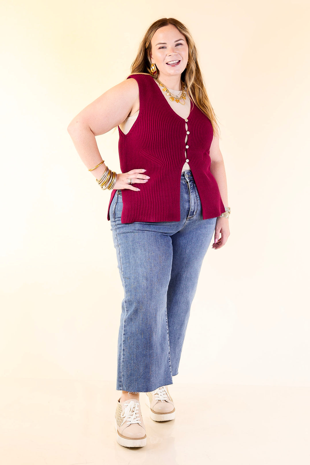 Sharp and Chic Button Front Ribbed Knit Sweater Vest in Maroon