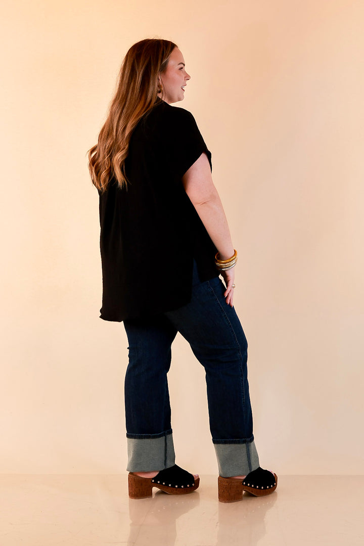Timeless Appeal Woven Airflow Button Front Top with Rolled Cuff Short Sleeves and Front Pocket in Black
