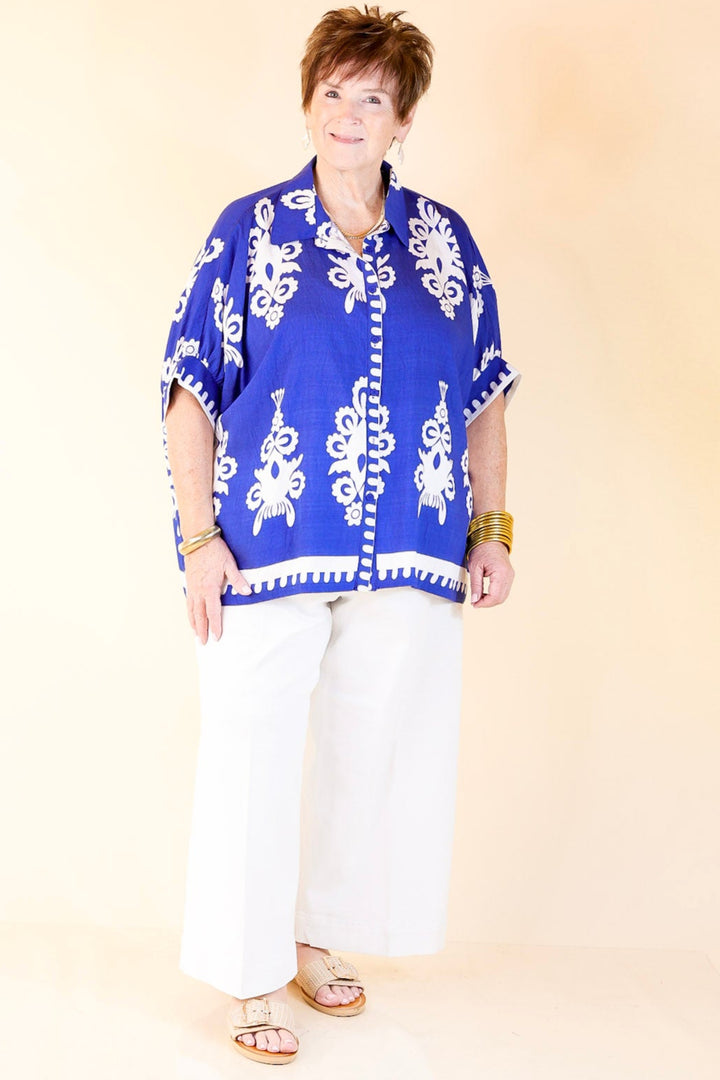 Classic Perfection Damask Print Button Up Collared Blouse in Royal Blue
