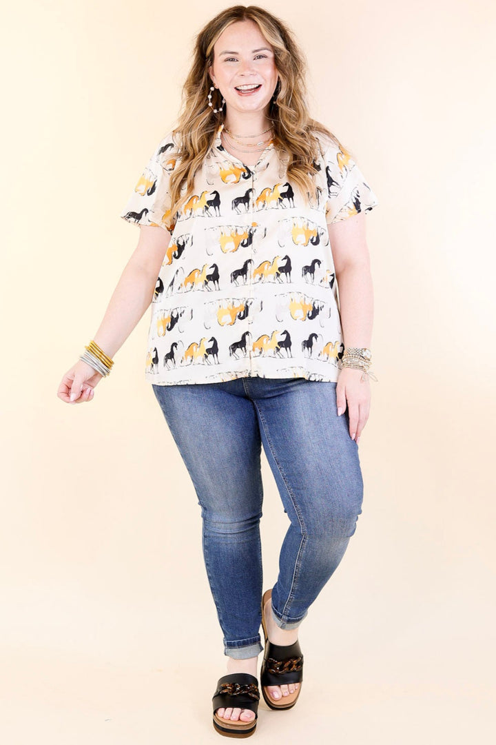 Away We Go Button Up Horse Print Shirt in Ivory