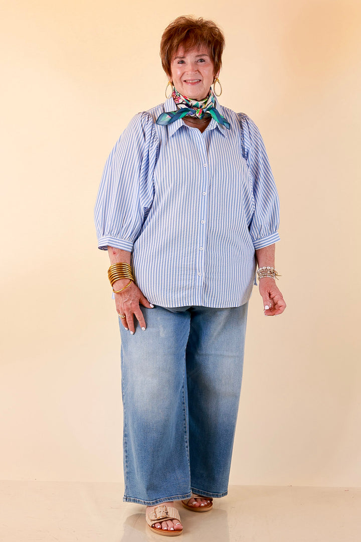 Crisp and Collected Stripe Button Front Collared Top with Puff Short Sleeves in Blue and White