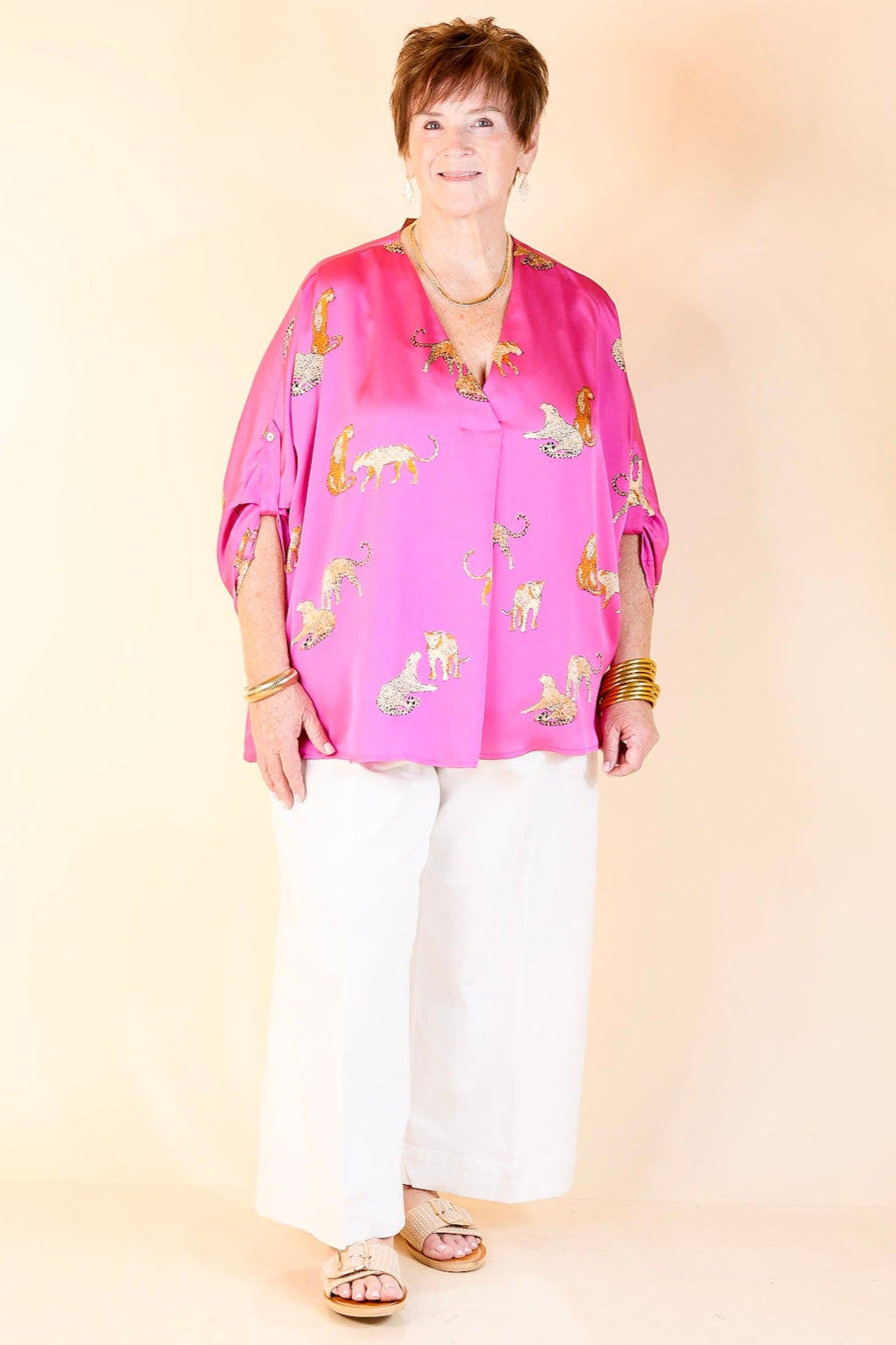 Staying Wild V-Neck Leopard Print 3/4 Sleeve Blouse in Hot Pink